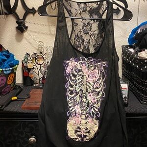 Edgy Black Skeleton Graphic Tank Top with Lace Back